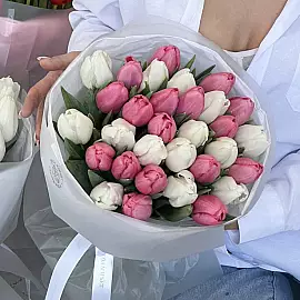 Bouquet de 31 tulipes — mélange rose et blanc de douceur