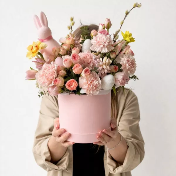 Великодня композиція з трояндами та гвоздиками